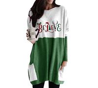 OMZIN Donna Crewneck Color Block Tasche Stampato Pullover Manica Lunga Merry Christmas Felpa Believe Verde 3XL