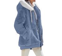 OMZIN Donna Inverno Giacca Di Peluche Con Tasche Semplice Casual Caldo Cappuccio Basic Allentato Giacca Puro Blu XXL