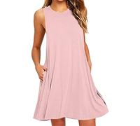 OMZIN Donna Longshirt Tunica Senza Maniche con Tasche Abito da Spiaggia Unicolore Rosa L