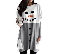 OMZIN Donna Manica Lunga Crewneck Color Block Tasche Stampate Merry Christmas Pullover Pullover Snowman Grigio M