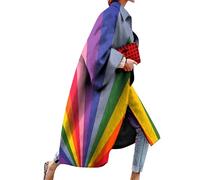 OMZIN Donna Manica Lunga Patchwork Casual Giacca Lunga Turn Down Colletto Colorato Trench Coat Arcobaleno 3XL
