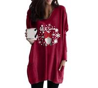 OMZIN Donna Manica Lunga Stampata Crewneck Pullover Color Block Merry Christmas Pockets Felpa Rosso Scuro L