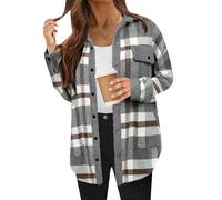 OMZIN Donna Plaid Shacket Jacket Sherpa Turn Down Collar Flannel Oversized Button Up Fleece Warm Coat Grey XXL