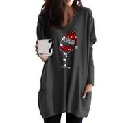 OMZIN Donna Tasche Pullover Manica Lunga Crewneck Merry Christmas Color Block Stampato Pullover Grigio Scuro S