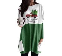 OMZIN Donna Tasche Stampate Girocollo Pullover Merry Christmas Manica Lunga Color Block Pullover Auto Verde M