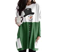 OMZIN Donna Tasche Stampato Manica Lunga Color Block Merry Christmas Pullover Crewneck Pullover Snowman Verde 3XL