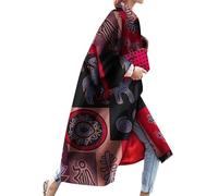 OMZIN Donna Turn Down Colletto Antivento Allentato Cardigan Colorato Manica Lunga Tasche Trench Coat Totem Rosso 3XL