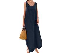 OMZIN Donne Abito Senza Maniche in Lino Maxi Crewneck Allentato Spiaggia Estate Tasche Abiti Blu Navy 2XL