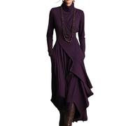 OMZIN Donne Alto Collo Asimmetrico Occidentale Maxi Abito | Abiti A Maniche Lunghe A Maglia Sciolto Per Le Donne,Vintage Vibe,Colore Solido,Con Tasche,Adatto Per Autunno Inverno,XXS-XL
