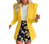 OMZIN Donne Colletto A Bavero Ufficio Aperto Davanti Solido Colore Borsa Blazer E Gonna A Vita Alta Set Giallo L