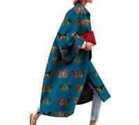 OMZIN Donne Color Block Manica Lunga Halloween Lunghezza Ginocchio Viaggio Turn Down Collare Trench Coat Farfalla Verde 2XL