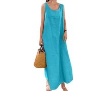 OMZIN Donne Tasca Abito Unicolore Senza Maniche Lungo Domenica Abito Lino Casual Blu XL