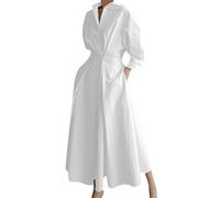 OMZIN Donne Una Linea Impero Vita Lunga Collare Camicia Abito Tre Quarti Manica Tasche Altalena Abiti Bianco L