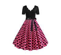 OMZIN Donne Vintage 1950s Rockabilly Audrey Hepburn Dress Collo a V Abito a Pois Manica Corta Rosa XXL