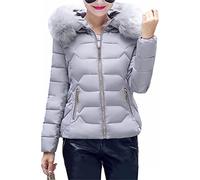 OMZIN Giacca Invernale Da Donna Piumino Corto Giacca Parka Caldo Con Cappuccio In Pelliccia Giacca Trapuntata Cappotto Invernale Piumino Casual Grigio XXS