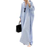 OMZIN Lino Donna Button Down Abiti da Camicia con Risvolto A Righe Maxi Abiti Lunghi Oversize Blu Cielo XL