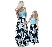 OMZIN Madre E Figlia Abito Famiglia Senza Maniche Genitore-Figlio Stripe Splicing Boho Maxi Prendisole Casual Party Grüne Blume XL