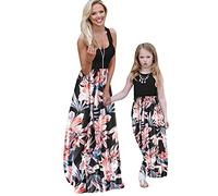 OMZIN Madri E Figlie Abito Estivo per Famiglie Stripes Maniche Tromba Abiti Mini Abito in Pizzo Abito da Spiaggia A Linea Abito da Sera Fiori Neri XL