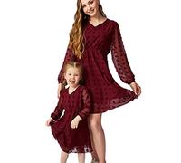 OMZIN Mamma E Io Abito Abbinato a Punti Svizzeri Abito a Tunica con Scollo a V Mamma E Io Mini Abito con Manica a Lanterna Lunga Vino Rosso S