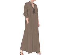 OMZIN Manica Lunga delle Donne Loose Elegante Maxi Button Down Camicia Lungo Cotone Lino Vestito caffè L