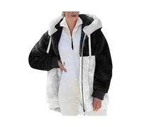 OMZIN Sherpa Fleece Fuzzy Hooded Jacket per Donna Zip Up Colour Block Capispalla a Manica Lunga Con Tasche Colore Nero XL