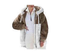 OMZIN Tasche Donna Pile Fuzzy Colour Block Giacca Con Cappuccio Manica Lunga Capispalla Zip Up Cappotto Sherpa Colore Kaki 4XL