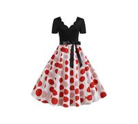 OMZIN Vestito con Scollo A V per Donna Manica Corta Retro Estate Una Linea Elegante Vestito Stampato con Cintura Nero Rosso 3XL