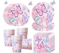 OMZSXK Farfalla Stoviglie per feste 16 ospiti, Farfalla Piatti per feste Stoviglie di compleanno, Piatti di cartone Bicchieri Tovaglioli Decorazione di compleanno per bambini