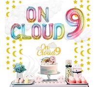 On Cloud 9 Decorazioni di compleanno per ragazze arcobaleno 9° compleanno decorazioni per feste con On Cloud 9 Cake Topper, On Cloud 9 Foil Balloon, Star Moon Garland per Sky 9th Bday Party Supplies