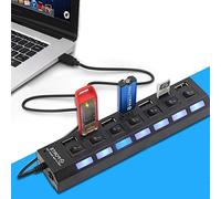 ON TENCK HUB USB 2.0 con 7 Porte Ciabatta MULTIPRESA SDOPPIATORE con INTERRUTTORI (Nero)