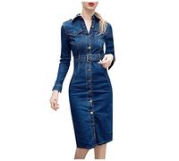 OnaiC Abito in jeans da donna, a maniche lunghe, con cintura, con bottoni, in denim, con scollo a V, a matita, sexy, con maniche lunghe, elegante abito da sera, Blu, XXXL
