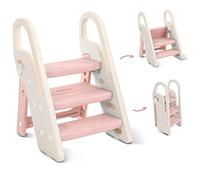 Onasti Sgabello a tre gradini pieghevoli per bambini, Scaletta 3 gradini per bambini, Sedile per Addestramento per WC, Multifunzione, Regolabile in Altezza, Antiscivolo (Rosa)