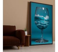 Onda oceanica dentro un bicchiere di vino su tela, arte surreale da parete, design con schizzi d'acqua blu, dipinto per la decorazione della casa, stampa artistica creativa (80x150 cm/cornice interna)