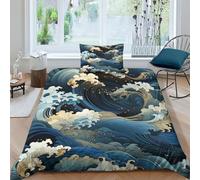 onde oceaniche 2 Pezzi Copripiumino Motivo Per Bambini Adulto Set Biancheria Singolo,Matrimoniale Ukiyoe giapponese Copripiumino,Anti-acaro Con Chiusura A Cerniera Facile Da Pulire Single（135x200cm）