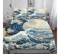 onde oceaniche 3 Pezzi Microfibra Con Copripiumino Facile Da Curare Ukiyoe giapponese Copripiumino Set Copripiumino Parure Copripiumino in Matrimoniale Stampe Per Adulti E Ragazzi Double（200x200cm）