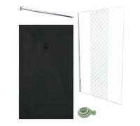 ONDÉE - Kit Doccia Completo - Piatto NOLA3 Resina Nero 120 x 80 cm - Parete Italiana TAILA Vetro Temperato 120 x 200 cm - Barra di Fissaggio a Muro Inox