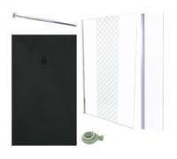 ONDÉE - Kit Doccia Completo - Piatto NOLA3 Resina Nero 160 x 80 cm - Parete Italiana TAILA Vetro Temperato 120 x 200 cm - Deflettore Cromato 40 x 200 cm - Barra di Fissaggio a Muro Inox
