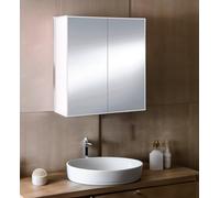 Dmora pensile Lafayette, Mobile per Bagno, Armadietto sospeso, Bianco Lucido, 60x21h65 cm, 2 Ante, Pannello melaminico 15mm, Vetro