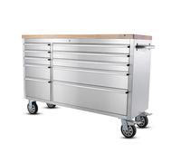 Ondis24 Carrello portautensili in acciaio inox con 10 cassetti scorrevoli e piano di lavoro in legno massiccio XL, ruote girevoli (argento, 148 x 47 x 92 cm)