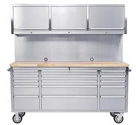 Ondis24 Carrello portautensili in acciaio inox con 15 cassetti scorrevoli, 3 armadi, parete forata, piano di lavoro in legno massiccio XL, ruote girevoli, banco da lavoro mobile, non equipaggiato