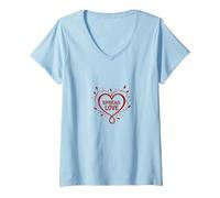 One Love Spread Love Heart Floral Inspirational Citazione Maglietta con Collo a V, Donna, Celeste, XXL