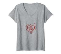 One Love Spread Love Heart Floral Inspirational Citazione Maglietta con Collo a V, Donna, Grigio Melange, L