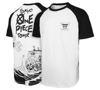 One Ruffy Piece Luffy Thousand Sunny Nave Pirata Maglietta Maniche Corte Grande Onda di Kanagawa Giapponese Anime 100% Cotone Pesante Raglan Baseball T-Shirt Uomo(M,Nero/Bianco)