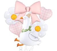 One Silly Goose - Palloncini a forma di oca bianca e rosa a quadretti con cuore e margherita, in mylar, decorazione per feste di compleanno (kit con fiocco rosa)