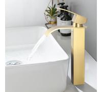 ONECE Rubinetto Bagno Monocomando a Cascata Oro, Miscelatore Lavabo Alto da Appoggio in Acciaio Inox 304 - Design Moderno, Antigoccia, Aeratore Rimovibile (Acqua Calda e Fredda)