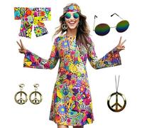 oneforus Abito Hippie Anni '70, Costume da Donna, con Collana, Orecchini, Occhiali da Sole, Abito da Discoteca, Costume da Festa Anni '60, Abiti retrò per Halloween