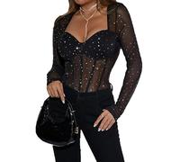 oneforus Bottoni a Pressione Body Donna Paillettes See-Through Autunno a Maniche Lunghe Raccolto Traspirante Tuta