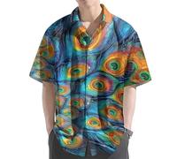 oneforus Camicia da Uomo con Stampa 3D di Piume di Pavone Maniche Corte Camicia Casual con Bottoni Stile Hawaiano Blusa Estiva con Colletto per Le Vacanze