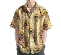 oneforus Camicia da Uomo con Stampa 3D di Piume di Pavone Maniche Corte Camicia Casual con Bottoni Stile Hawaiano Blusa Estiva con Colletto per Le Vacanze