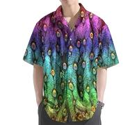 oneforus Camicia da Uomo con Stampa 3D di Piume di Pavone Maniche Corte Camicia Casual con Bottoni Stile Hawaiano Blusa Estiva con Colletto per Le Vacanze